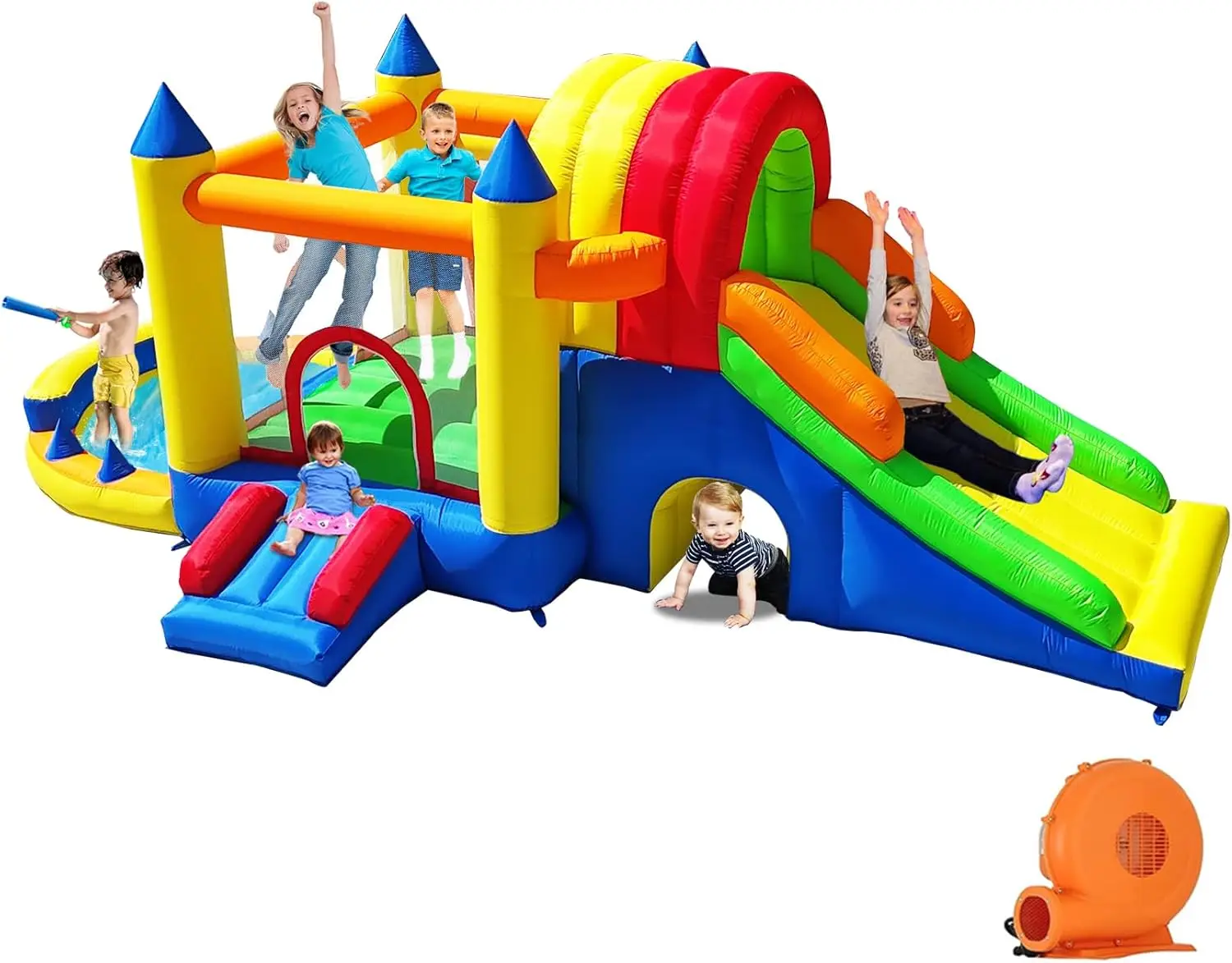 Inflatable Bounce House with Wide Slide, Splash Pool/Ballpit, Secret Crawl Tunnel & Soccer Goal, Multi-Activity Jumping Castle
Inflatable Bounce House with Wide Slide, Splash Pool/Ballpit, Secret Crawl Tunnel & Soccer Goal, Multi-Activity Jumping Castle