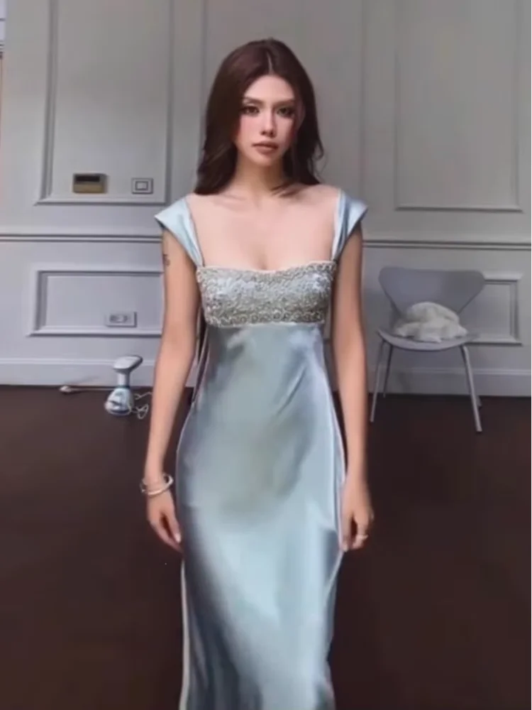 Chic Women Blue Chest Jewelry Satin Sling Dress Sexy Sleeveless Square Neck High Waist Bodycon Maxi Vestido Summer Party Gown
Chic Women Blue Chest Jewelry Satin Sling Dress Sexy Sleeveless Square Neck High Waist Bodycon Maxi Vestido Summer Party Gown