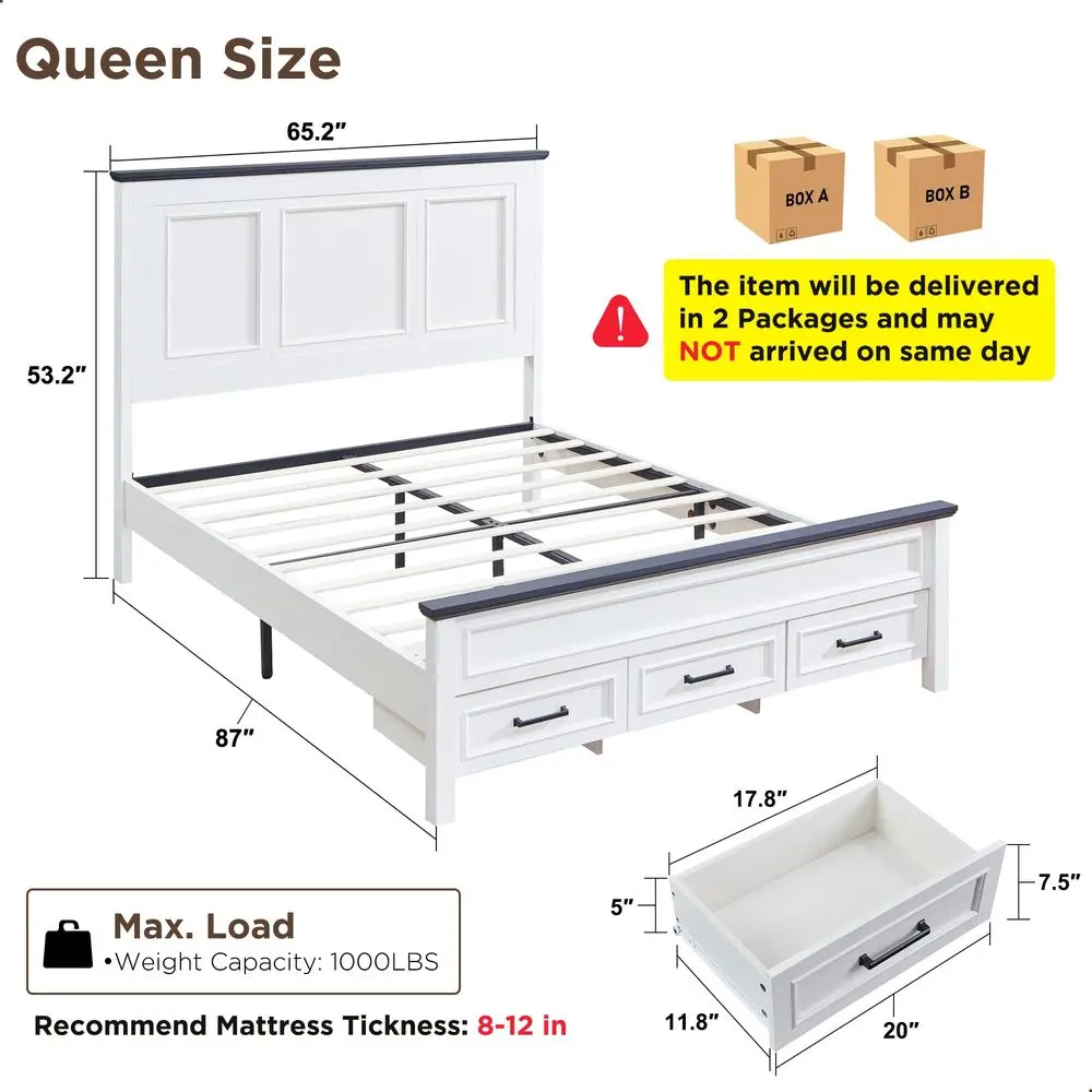 Farmhouse Queen Size Bed Frame with 52 Tall Headboard, Wood Platform Bedframe with Footboard and Storage Drawers, No Squeak, No
Farmhouse Queen Size Bed Frame with 52 Tall Headboard, Wood Platform Bedframe with Footboard and Storage Drawers, No Squeak, No