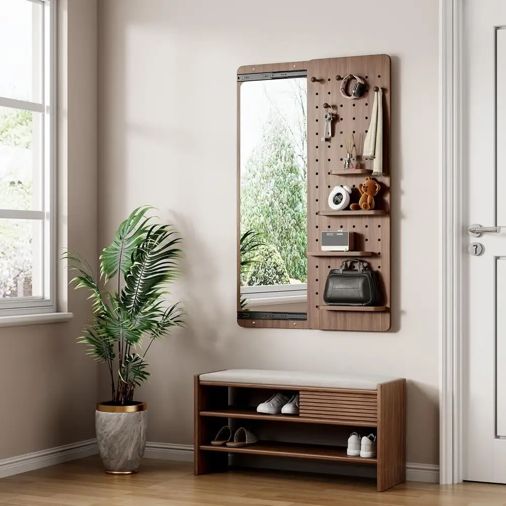 Wall-Mounted Storage Mirror with Pegboard Shelves and Hooks, Multifunctional Entryway Mirror for Home, Walnut Finish
Wall-Mounted Storage Mirror with Pegboard Shelves and Hooks, Multifunctional Entryway Mirror for Home, Walnut Finish