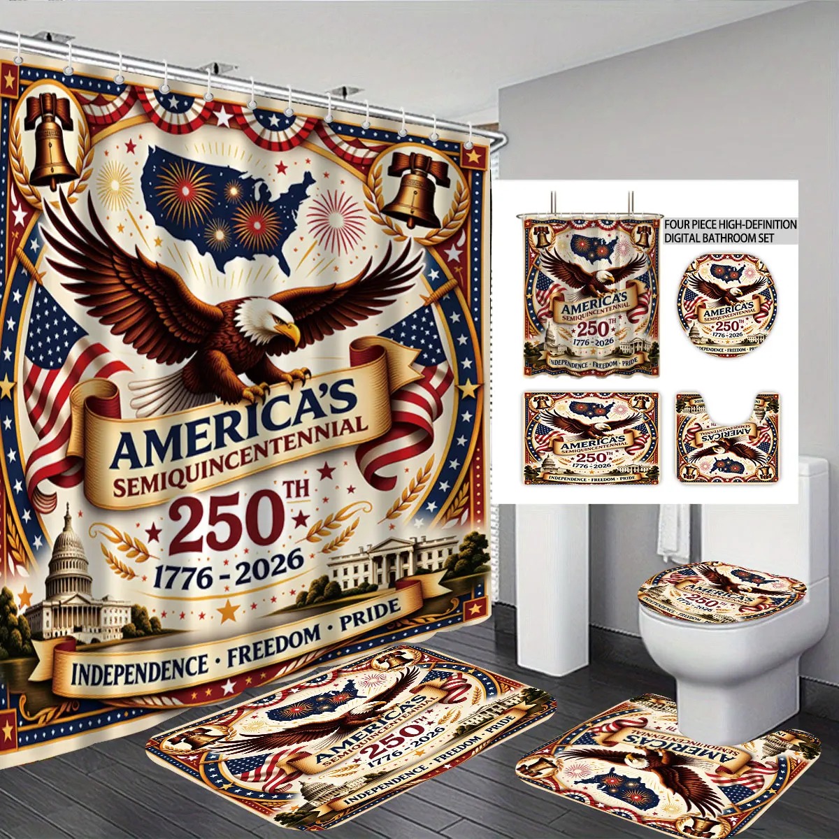 4-piece Set of Independent Day Printed Bathroom Waterproof Shower Curtain Toilet Seat Cushion U-shaped Floor Mat
4-piece Set of Independent Day Printed Bathroom Waterproof Shower Curtain Toilet Seat Cushion U-shaped Floor Mat