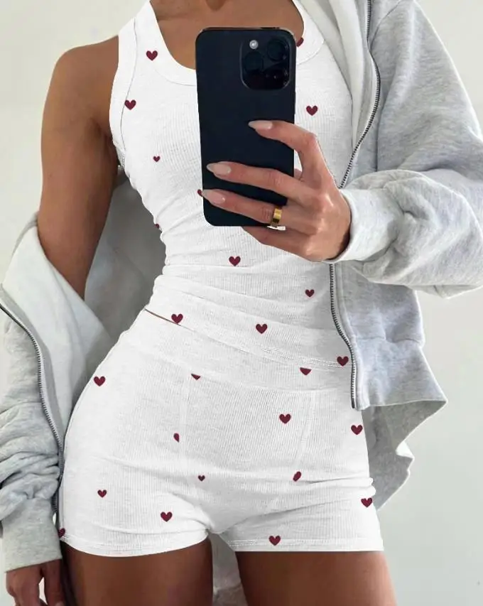 Two Piece Set Women Outfit 2025 Summer Fashion Heart Pattern U Neck Sleeveless Tank & Casual Strechy Waist Shorts Pajamas Set
Two Piece Set Women Outfit 2025 Summer Fashion Heart Pattern U Neck Sleeveless Tank & Casual Strechy Waist Shorts Pajamas Set