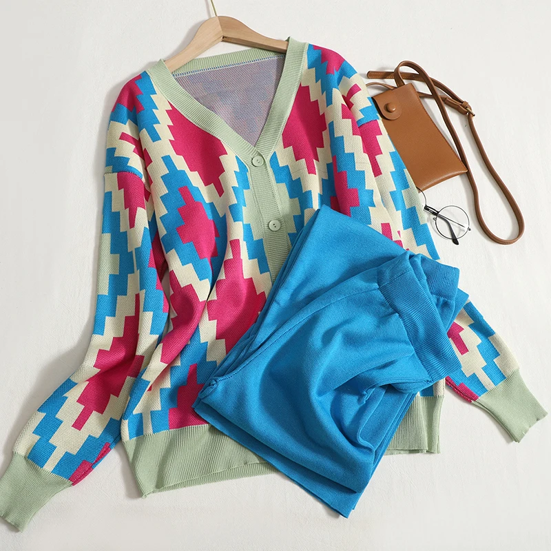 Autumn Multicolor Plaid Knitted 2 Piece Sets Women Elegant Top and Long Pants Suit Single Breasted Loose Cardigan Outfits
Autumn Multicolor Plaid Knitted 2 Piece Sets Women Elegant Top and Long Pants Suit Single Breasted Loose Cardigan Outfits