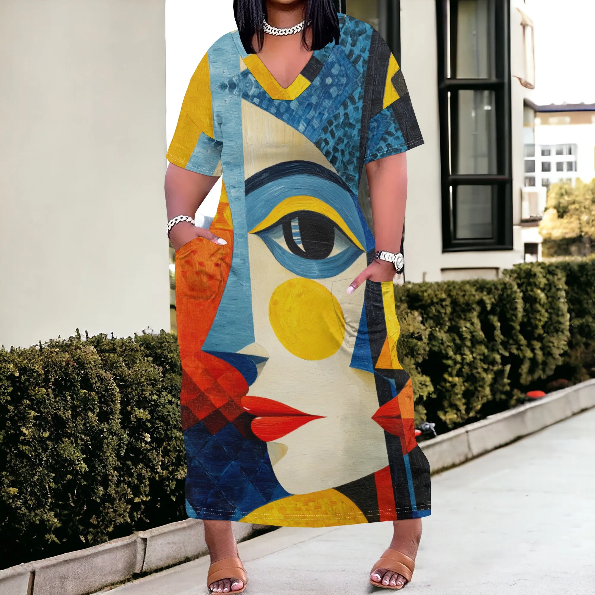 Women's Cubism Print V-Neck Maxi Dress, Short Sleeve Loose Pocket Sundress, Plus Size XL-6XL, Casual Elegant Art Party Look 
Women's Cubism Print V-Neck Maxi Dress, Short Sleeve Loose Pocket Sundress, Plus Size XL-6XL, Casual Elegant Art Party Look