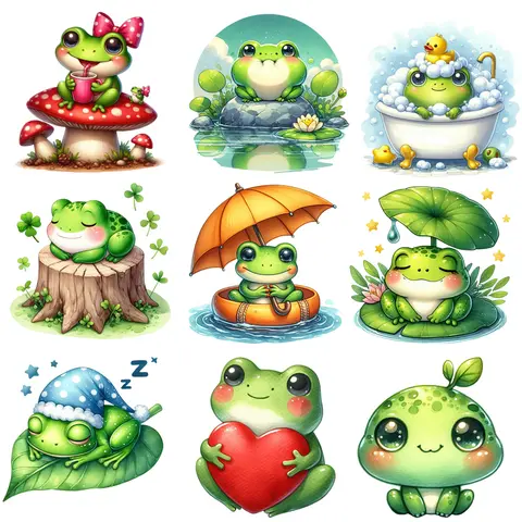 Cute and Interesting Frogs in Summer Iron On Patch Vinyl Heat Washable T-Shirt Decal Heat Transfer for Kids Clothes Stickers