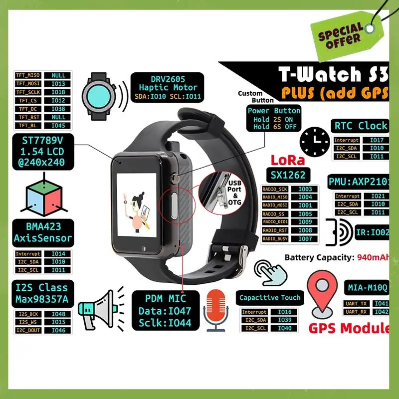 T-Watch-S3 Plus Programmable Touchable Watch ESP32-S3 With GPS Lora Programmable Development Watch-A22K
T-Watch-S3 Plus Programmable Touchable Watch ESP32-S3 With GPS Lora Programmable Development Watch-A22K