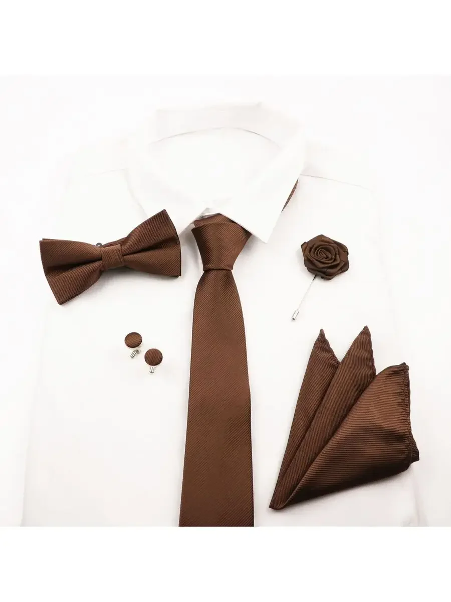Mens 5-Piece Brown Solid Color Tie Set With Bowtie Pocket Square Cufflinks And Lapel Pin
Mens 5-Piece Brown Solid Color Tie Set With Bowtie Pocket Square Cufflinks And Lapel Pin
