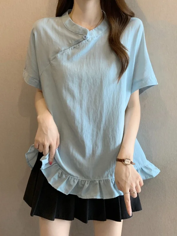 New Chinese Style Light Blue Short Sleeve Shirt Women's Summer New plus Size Floral Hem Top Korean Version Loose Fit
New Chinese Style Light Blue Short Sleeve Shirt Women's Summer New plus Size Floral Hem Top Korean Version Loose Fit