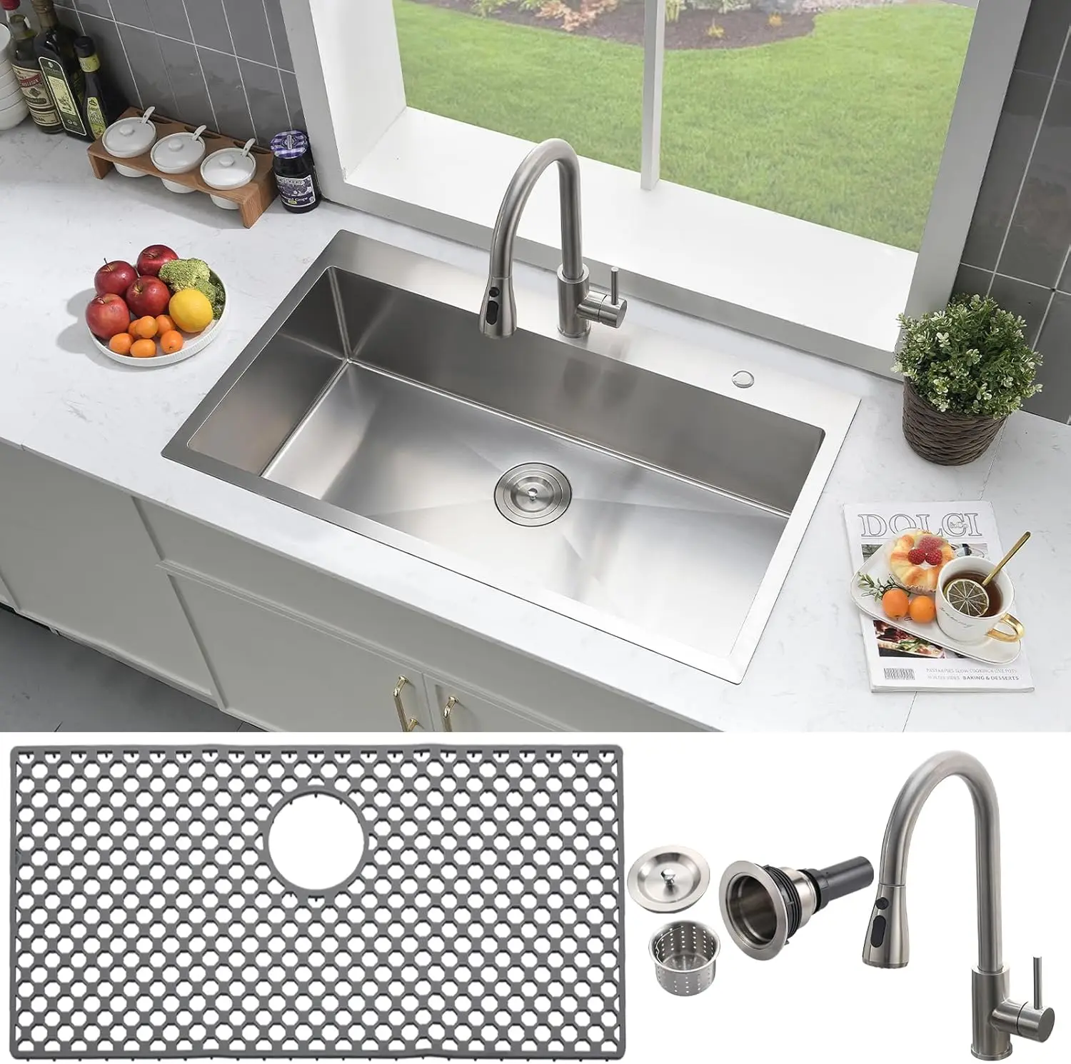 33 Inch Drop-In Kitchen Sink with Faucet - Stainless Steel Single Bowl, 18 Gauge, Deep, Top Mount
33 Inch Drop-In Kitchen Sink with Faucet - Stainless Steel Single Bowl, 18 Gauge, Deep, Top Mount