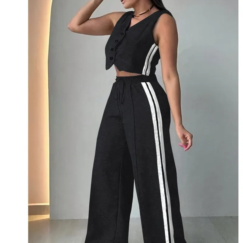 Women Fashion Side Striped Splic Sport Two Piece Sets 2025 New Solid V-neck Button Vest Tops & Wide Leg Pants Casual 2 Piece Set
Women Fashion Side Striped Splic Sport Two Piece Sets 2025 New Solid V-neck Button Vest Tops & Wide Leg Pants Casual 2 Piece Set