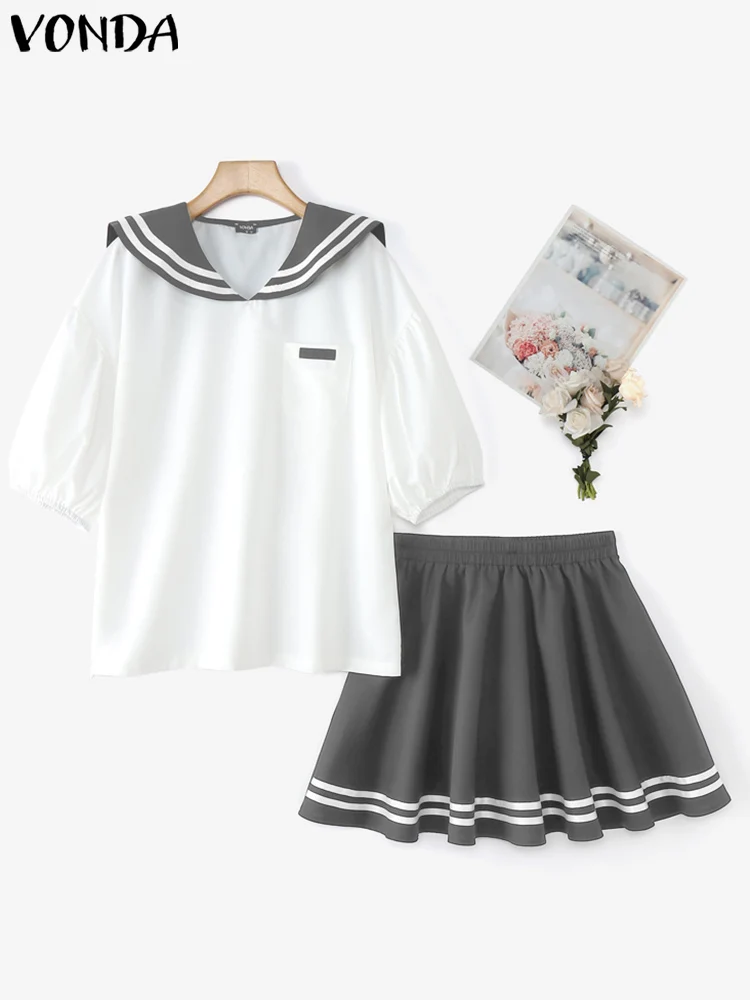 VONDA Women Mini Skirts Sets 2025 Casual Peter Pan Collar Splicing Half Sleeve Top Elastic Waist Mini Skirt 2PCS Suits Oversize
VONDA Women Mini Skirts Sets 2025 Casual Peter Pan Collar Splicing Half Sleeve Top Elastic Waist Mini Skirt 2PCS Suits Oversize