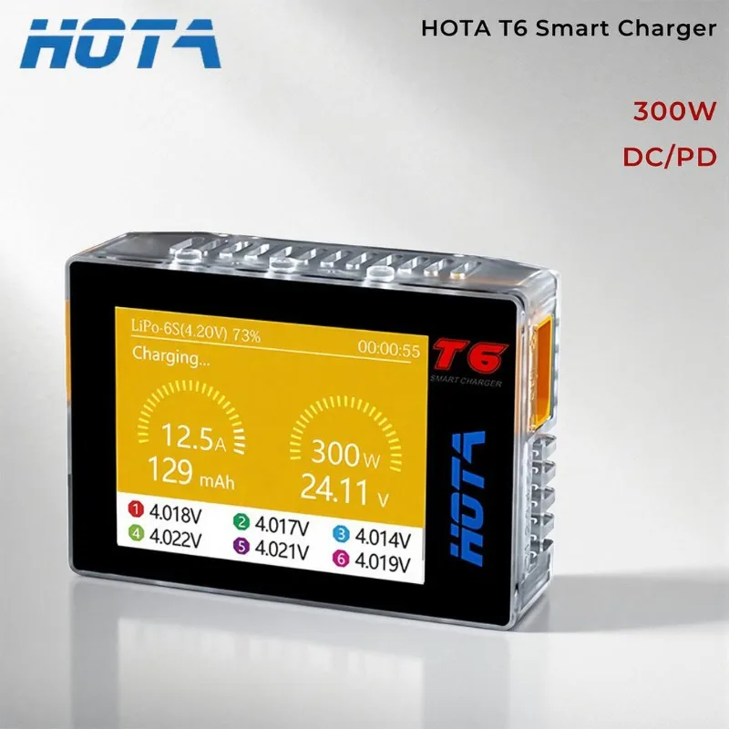 HOTA T6 Smart Charger DC/PD Dual Input 300W 2.4IPS Supports XT60 and TYPE-C Interfaces Compatible PD3.0 FPV RC Battery Charger
HOTA T6 Smart Charger DC/PD Dual Input 300W 2.4IPS Supports XT60 and TYPE-C Interfaces Compatible PD3.0 FPV RC Battery Charger