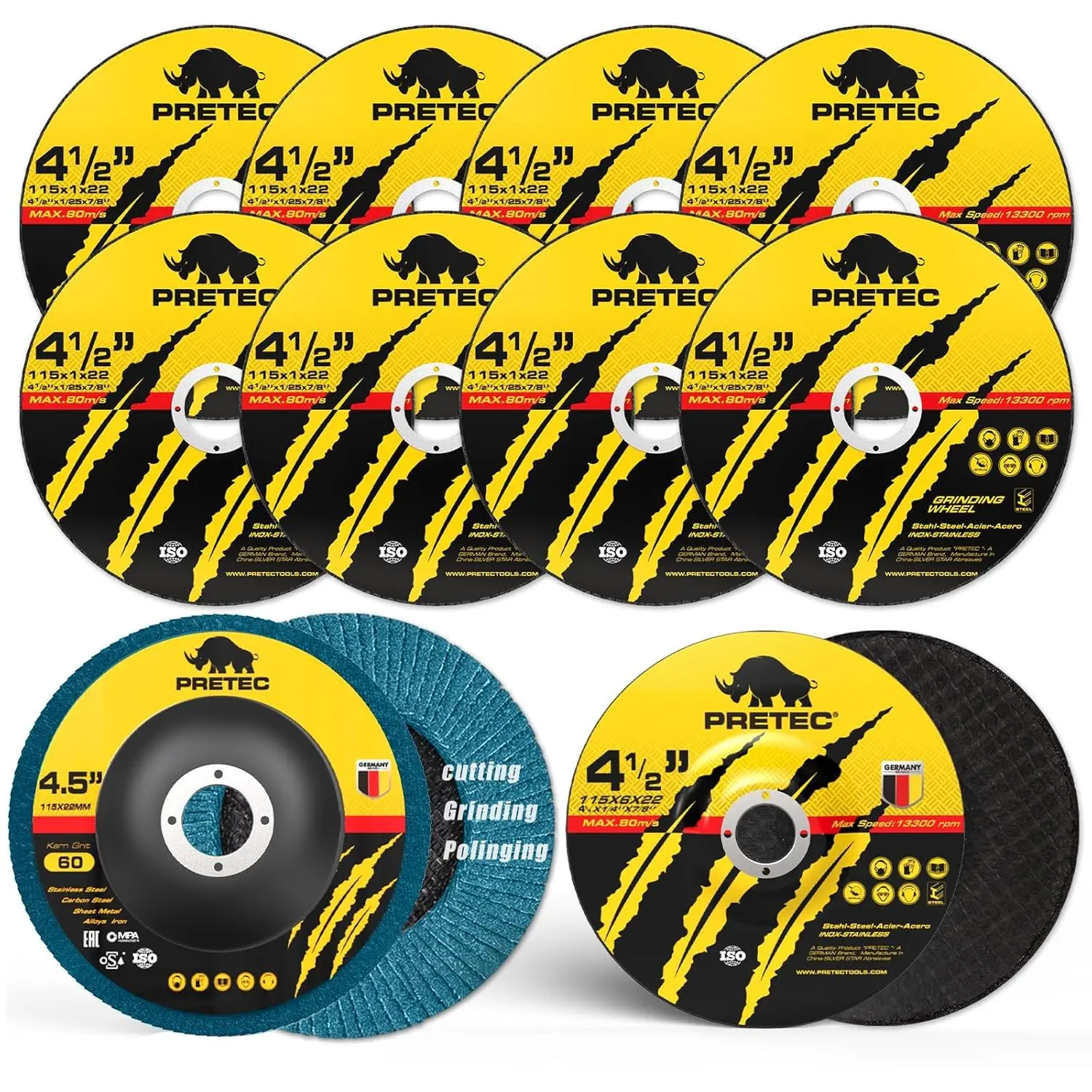 Grinding & Cutting Wheels 4 1/2 inch Set, 8 Cut Off Wheels + 1 Grinding Wheel + 1 Flap Disc for Angle Grinder
Grinding & Cutting Wheels 4 1/2 inch Set, 8 Cut Off Wheels + 1 Grinding Wheel + 1 Flap Disc for Angle Grinder