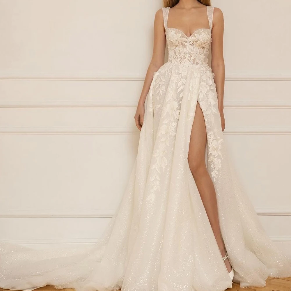 Customized Exquisite Front Slit Pleats Appliques Evening Dresses Temperament A-Line Sweetheart Spaghetti Straps Organza White Pa
Customized Exquisite Front Slit Pleats Appliques Evening Dresses Temperament A-Line Sweetheart Spaghetti Straps Organza White Pa