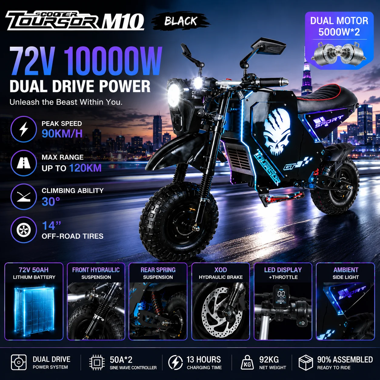 M10 Fast Electric Scooter for Adults 90km/h Dual Drive 14 Inch Imported Off Road Tires Bluetooth Speaker LCD Display
M10 Fast Electric Scooter for Adults 90km/h Dual Drive 14 Inch Imported Off Road Tires Bluetooth Speaker LCD Display