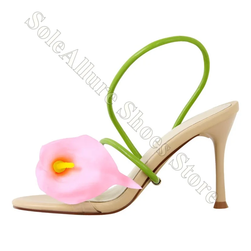 Women Nude Satin Stiletto Heels Pink 3D Calla Lily Green Ankle Strap Open Toe Floral Summer Wedding Party Dress Sandals
Women Nude Satin Stiletto Heels Pink 3D Calla Lily Green Ankle Strap Open Toe Floral Summer Wedding Party Dress Sandals