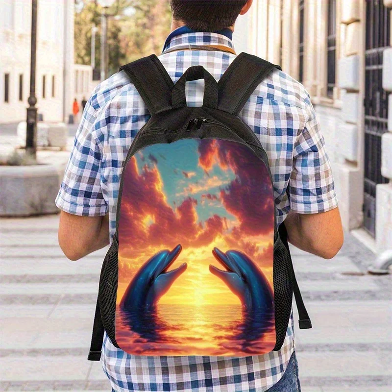 Multifunctional backpack featuring a 2D flat dolphin print that jumps at sunset, ideal for school, travel, camping
Multifunctional backpack featuring a 2D flat dolphin print that jumps at sunset, ideal for school, travel, camping