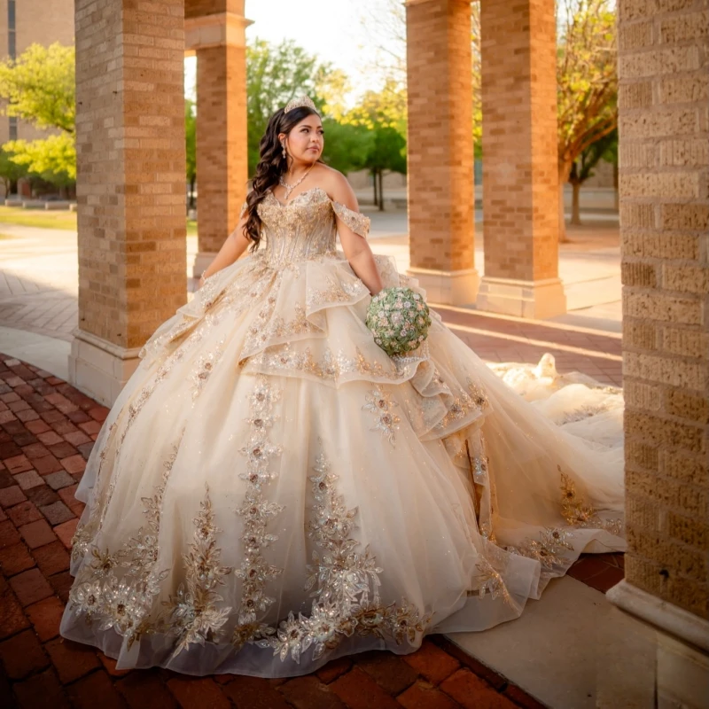 champagne Shiny Ball Gown Quinceanera Dresses Applique Flower Beading Crystal Tiered Tull Corset Off The Shoulder Sweet 16 Dress
champagne Shiny Ball Gown Quinceanera Dresses Applique Flower Beading Crystal Tiered Tull Corset Off The Shoulder Sweet 16 Dress