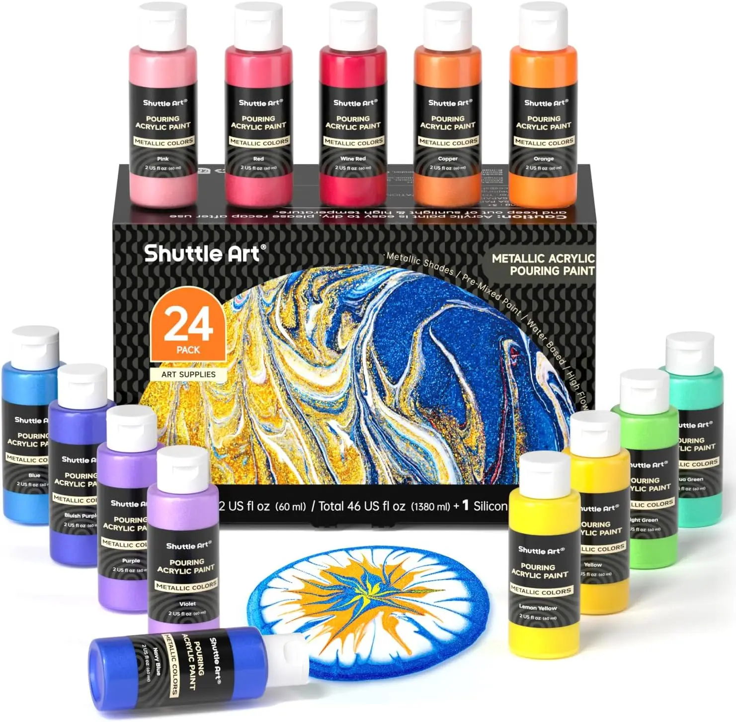 24 Pack Metallic Acrylic Pouring Paint Set, 23 Colors with Silicon Oil, High Flow for Canvas Rock Ceramic Wood
24 Pack Metallic Acrylic Pouring Paint Set, 23 Colors with Silicon Oil, High Flow for Canvas Rock Ceramic Wood