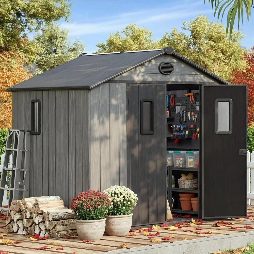 Gray 8x6 Outdoor Plastic Storage Shed with Floor, UV-Resistant, Interlocking Panels for Lawn & Patio Furniture
Gray 8x6 Outdoor Plastic Storage Shed with Floor, UV-Resistant, Interlocking Panels for Lawn & Patio Furniture