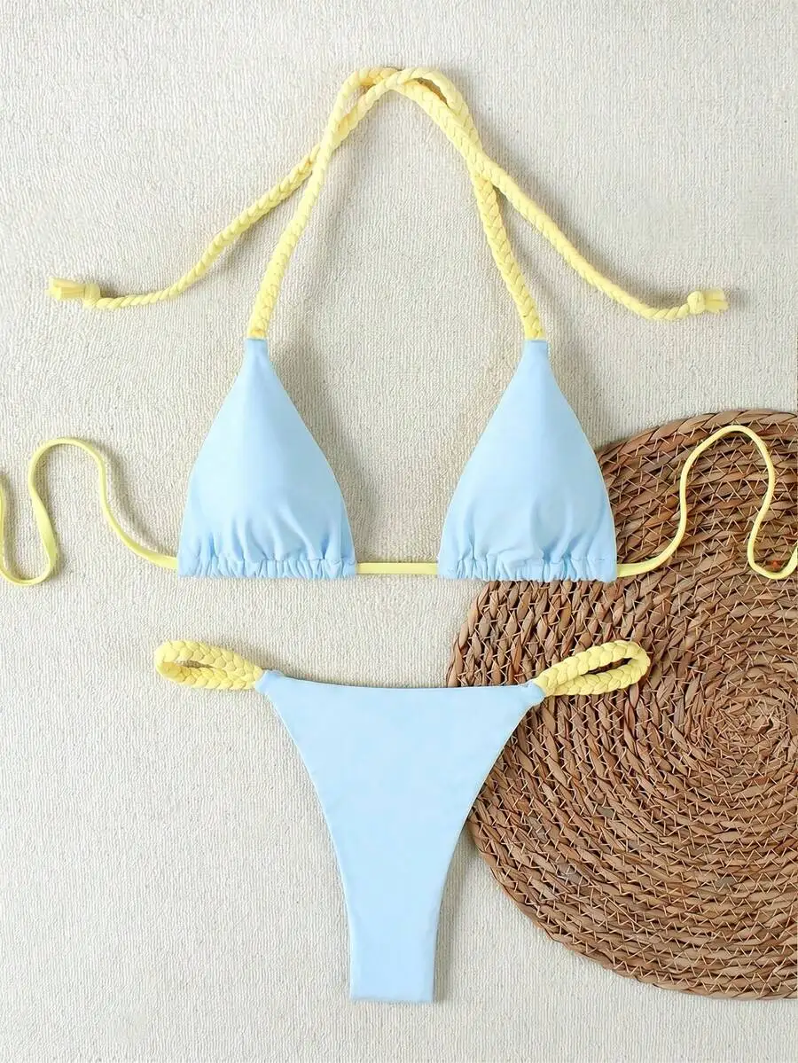 Womens Sky Blue And Yellow Rope Braided Halter Bikini Set Solid Color Beach Swimwear
Womens Sky Blue And Yellow Rope Braided Halter Bikini Set Solid Color Beach Swimwear