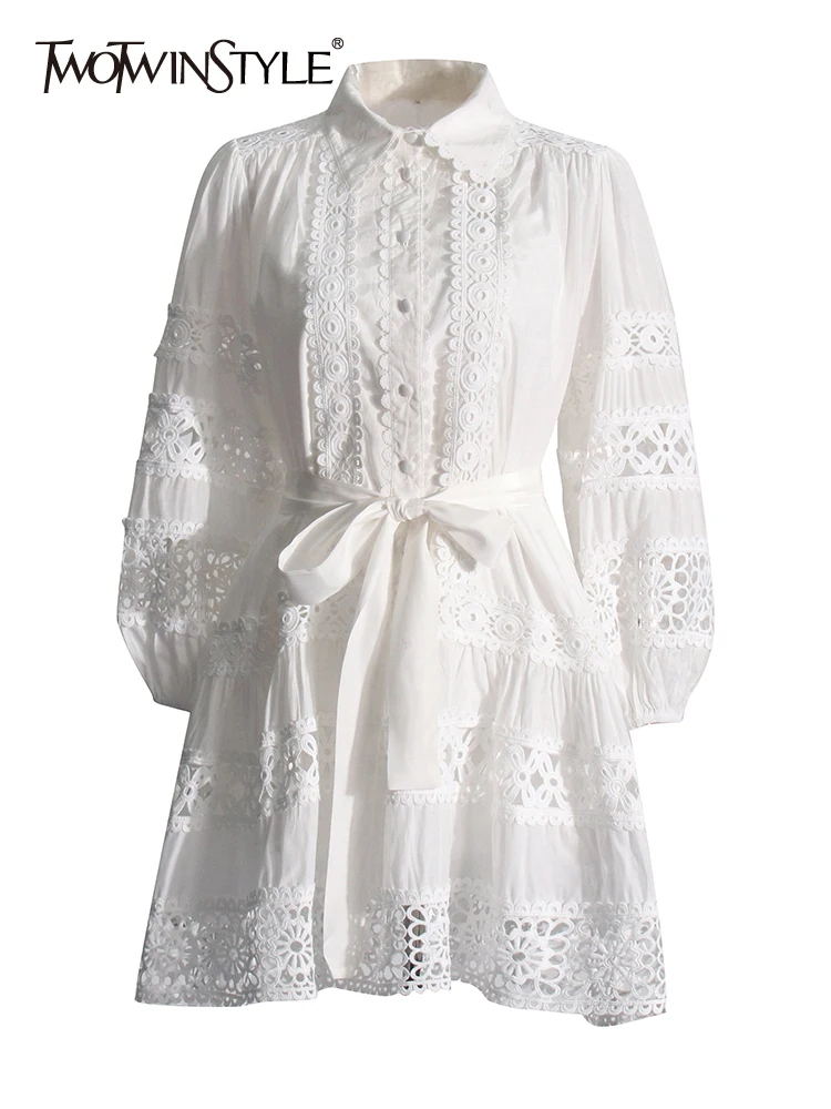 TWOTWINSTYLE Solid Hollow Out Temperament Mini Dresses For Women Lapel Puff Sleeve High Waist Spliced Lace Up Loose Dress Female
TWOTWINSTYLE Solid Hollow Out Temperament Mini Dresses For Women Lapel Puff Sleeve High Waist Spliced Lace Up Loose Dress Female