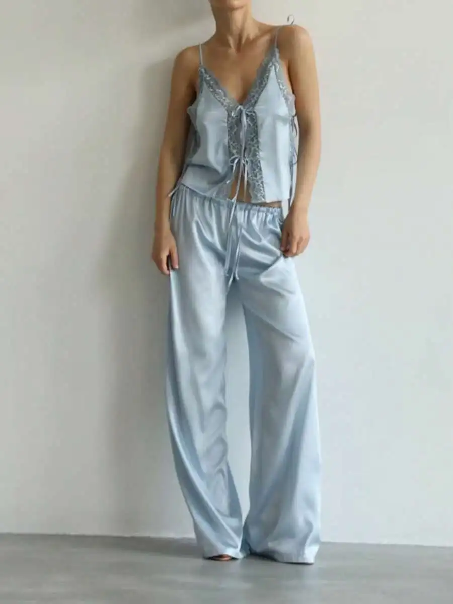 2Pcs Women Summer Sleeveless V Neck Lace Cami Top And Drawstring Waist Pants Loungewear Set
2Pcs Women Summer Sleeveless V Neck Lace Cami Top And Drawstring Waist Pants Loungewear Set
