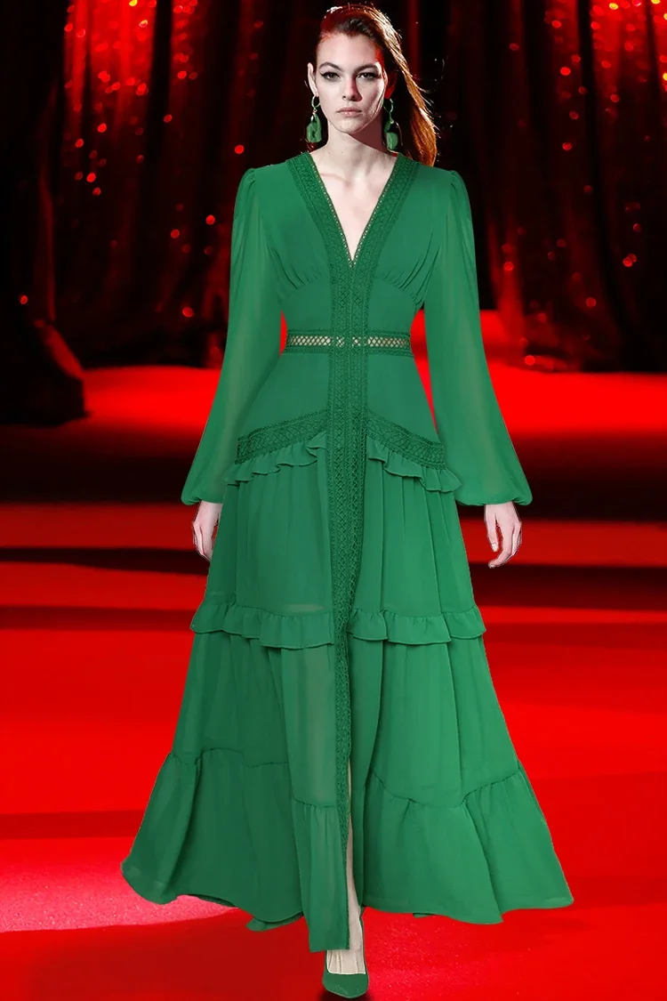 Fashion Designer Autumn Women's Dress V-Collar Lantern Sleeve Hollow Ruffles Casual Green Maxi Dress Elegant Trendy Long Dress
Fashion Designer Autumn Women's Dress V-Collar Lantern Sleeve Hollow Ruffles Casual Green Maxi Dress Elegant Trendy Long Dress
