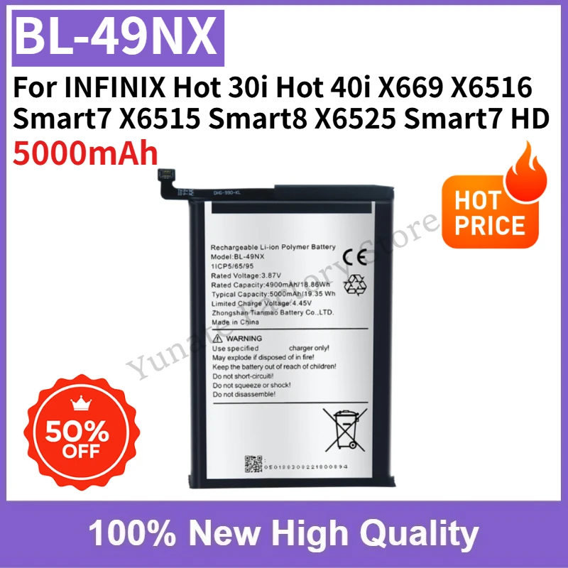 For INFINIX Hot 30i Hot 40i X669 X6516 Smart7 X6515 Smart8 X6525 Smart 7 HD Mobile Phone Battery BL-49NX 5000mAh
For INFINIX Hot 30i Hot 40i X669 X6516 Smart7 X6515 Smart8 X6525 Smart 7 HD Mobile Phone Battery BL-49NX 5000mAh