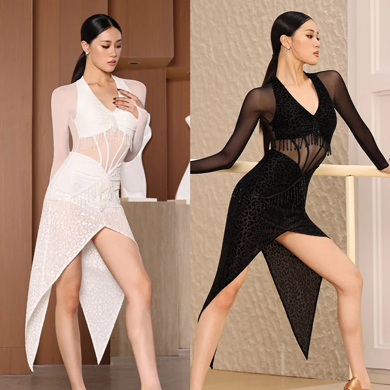 Women Latin Dance Dress Adult Sexy Leopard Long Sleeves Mesh Tassel Skirt Female White Black Cha Cha Rumba Performance Costume
Women Latin Dance Dress Adult Sexy Leopard Long Sleeves Mesh Tassel Skirt Female White Black Cha Cha Rumba Performance Costume