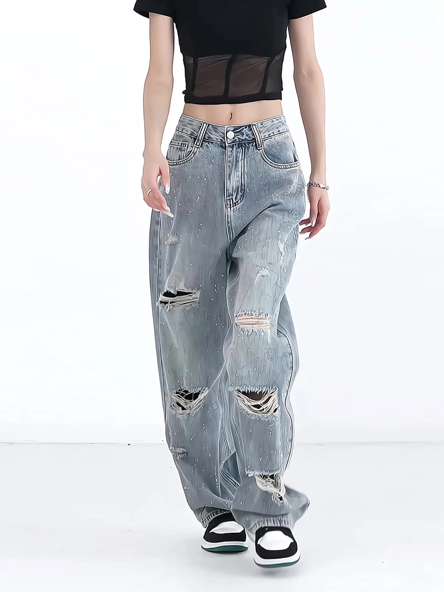 High Waist Straight Leg Denim Jeans Rhinestone Embellished Distressed Vintage American Style Summer New Ladies Fashion
High Waist Straight Leg Denim Jeans Rhinestone Embellished Distressed Vintage American Style Summer New Ladies Fashion