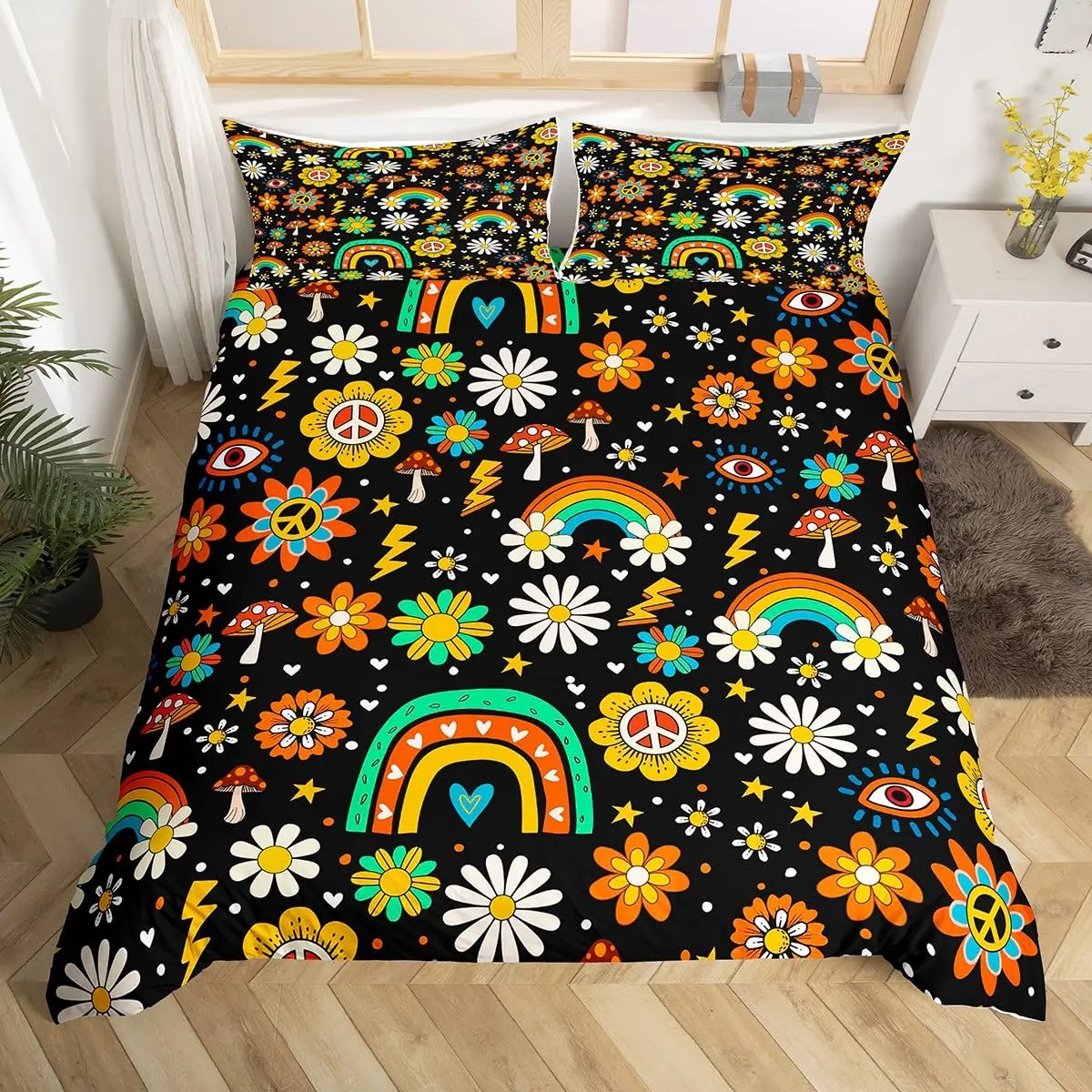 Пододеяльник в стиле ретро 60-х и 70-х годов с цветочным узором, красочный комплект постельного белья с цветочным принтом в стиле хиппи Queen, пододеяльник с рисунком радуги и грибами и ромашки
Пододеяльник в стиле ретро 60-х и 70-х годов с цветочным узором, красочный комплект постельного белья с цветочным принтом в стиле хиппи Queen, пододеяльник с рисунком радуги и грибами и ромашки