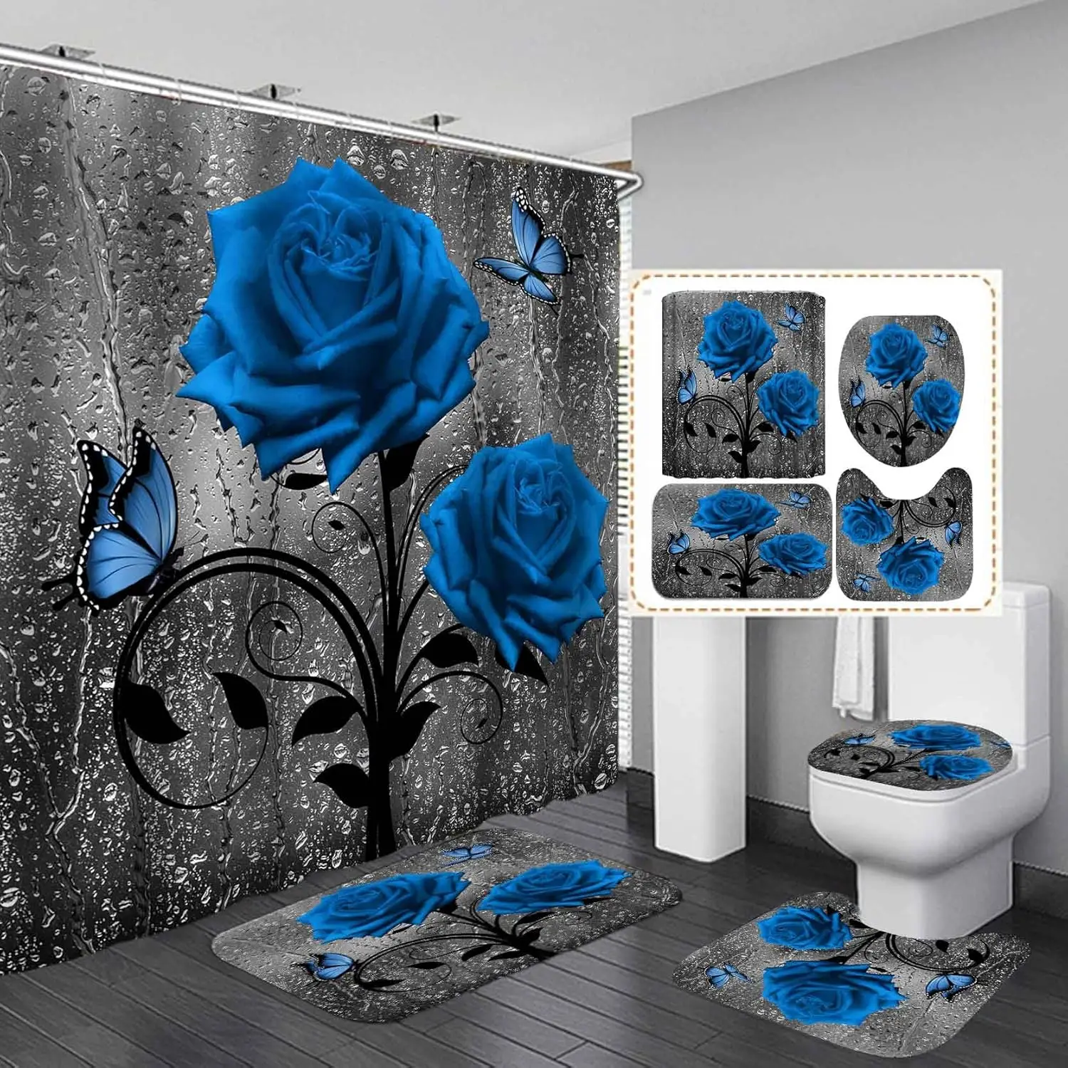 Elegant Blue Flower Shower Curtain Set Waterproof Bathtub Curtains Non-Slip Rugs Bath Mat Toilet Lid Cover Bathroom Set Decor
Elegant Blue Flower Shower Curtain Set Waterproof Bathtub Curtains Non-Slip Rugs Bath Mat Toilet Lid Cover Bathroom Set Decor