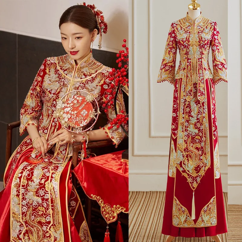 Chinese Style Wedding Dress Cheongsam High Quality Dragon Phoenix Embroidery Marriage Suit Oriental Bride Clothing Vintage Qipa
Chinese Style Wedding Dress Cheongsam High Quality Dragon Phoenix Embroidery Marriage Suit Oriental Bride Clothing Vintage Qipa