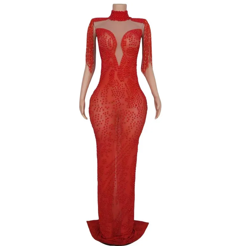 Luxury Red Beads Fringe Transparent Long Dress Elegant Women Wedding Banquet Cocktail Photo Shoot Gown Singer Host Show Costume
Luxury Red Beads Fringe Transparent Long Dress Elegant Women Wedding Banquet Cocktail Photo Shoot Gown Singer Host Show Costume
