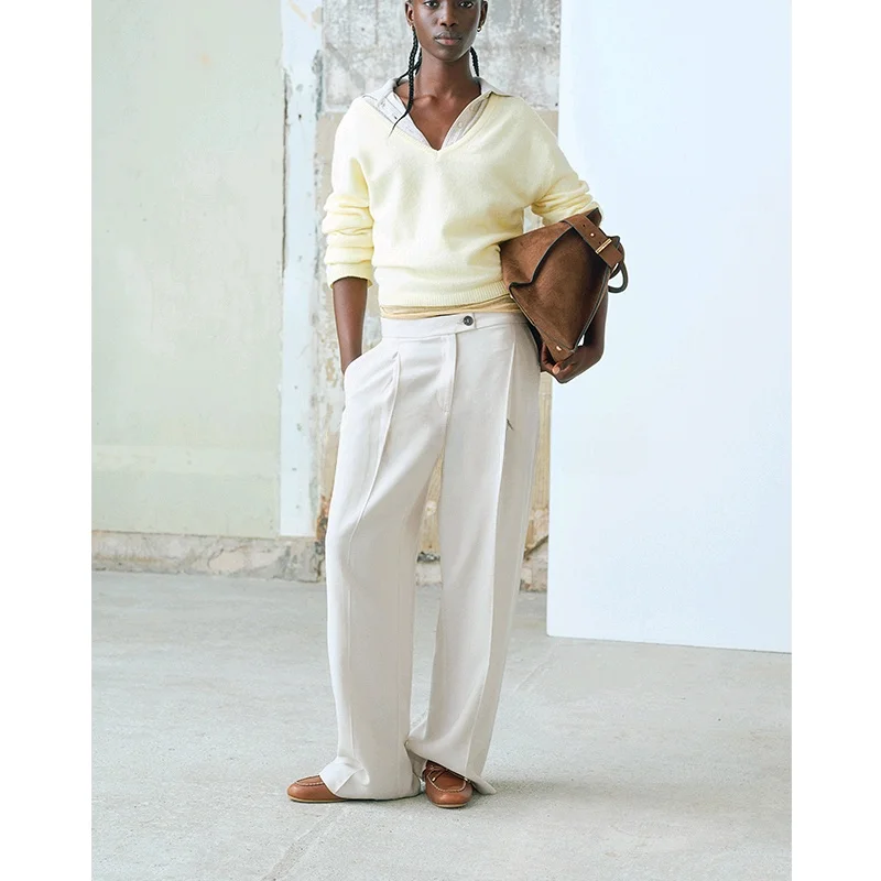 Spring Summer Women's Loose Wide Leg Pants High Waist Gored Decoration Twill Fabric One Button Trousers Faion Ladies' Pants
Spring Summer Women's Loose Wide Leg Pants High Waist Gored Decoration Twill Fabric One Button Trousers Faion Ladies' Pants
