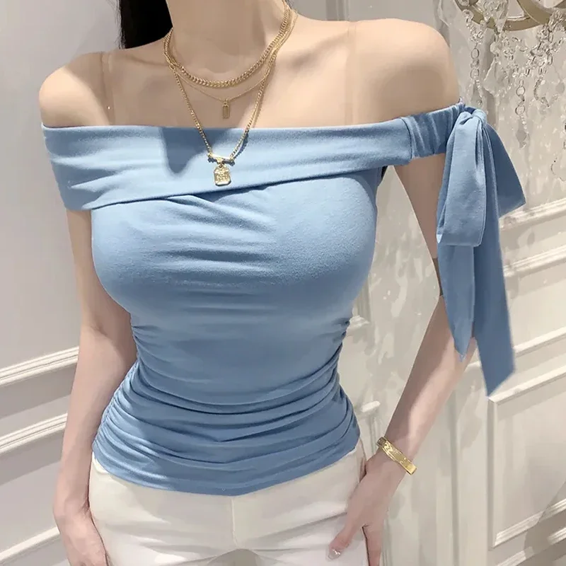 Sexy Off-shoulder Pleated T-shirt Women Summer Sweet Sheath Bow Tie Design Solid Casual Tops
Sexy Off-shoulder Pleated T-shirt Women Summer Sweet Sheath Bow Tie Design Solid Casual Tops