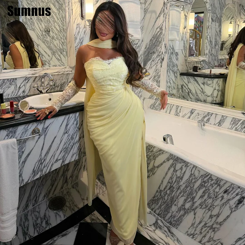 Sumnus Elegant Mermaid Evening Dresses Yellow Sweetheart Lace Sleeves Midi Prom Dresses Pleats High Slit Party Dress Customized
Sumnus Elegant Mermaid Evening Dresses Yellow Sweetheart Lace Sleeves Midi Prom Dresses Pleats High Slit Party Dress Customized