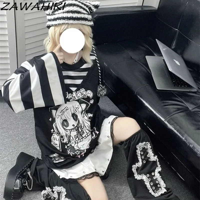 Japanese Top Female Fake Two Piece Pullovers Patchwork Striped Cartoon Print Women's T-shirts Office Lady Fashion Ropa Mujer
Japanese Top Female Fake Two Piece Pullovers Patchwork Striped Cartoon Print Women's T-shirts Office Lady Fashion Ropa Mujer