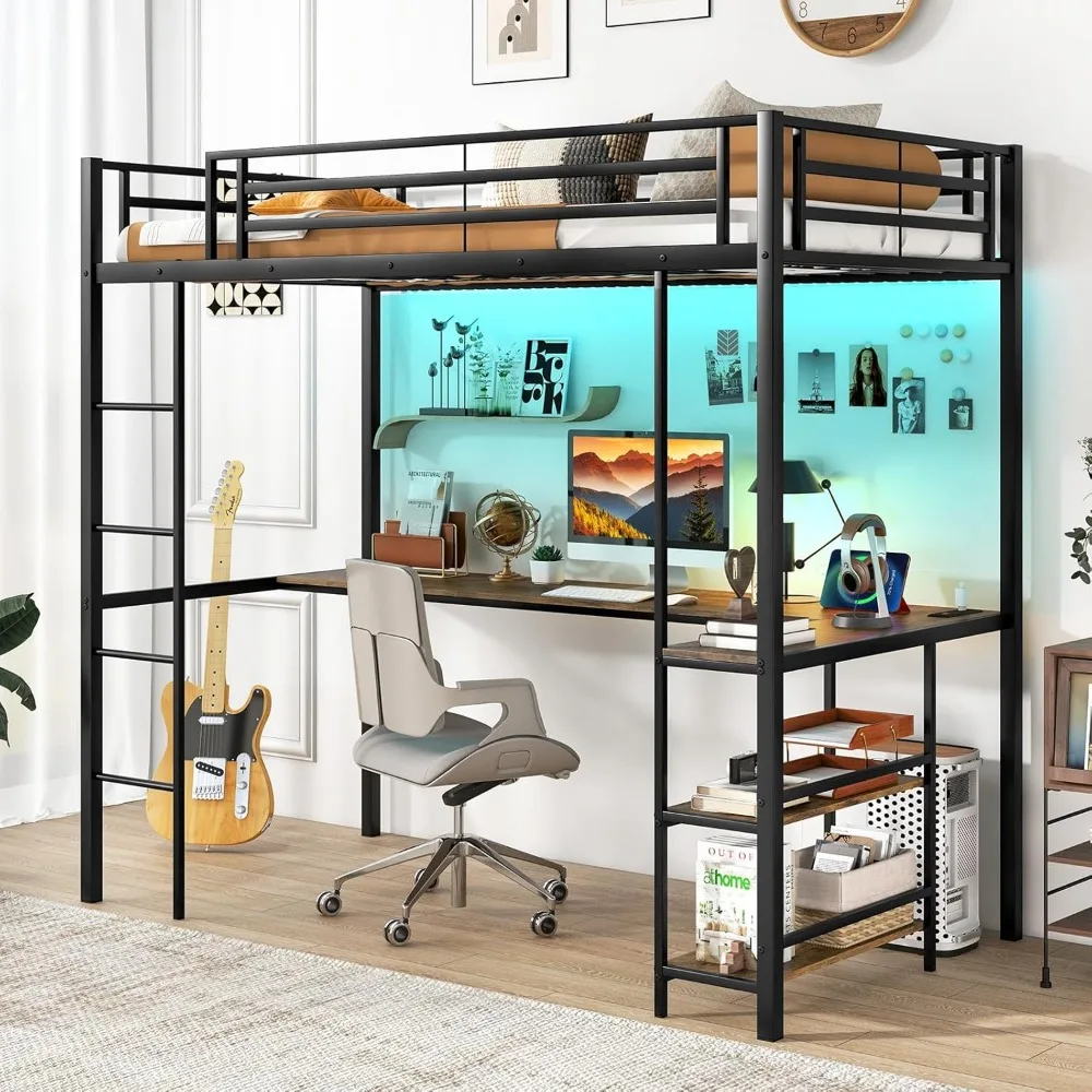 Twin Size Loft Bed with L-Shaped Desk & Storage Shelves, Metal Loft Bed with Power Outlet & LED Lights, Anti-Tipping Kits
Twin Size Loft Bed with L-Shaped Desk & Storage Shelves, Metal Loft Bed with Power Outlet & LED Lights, Anti-Tipping Kits