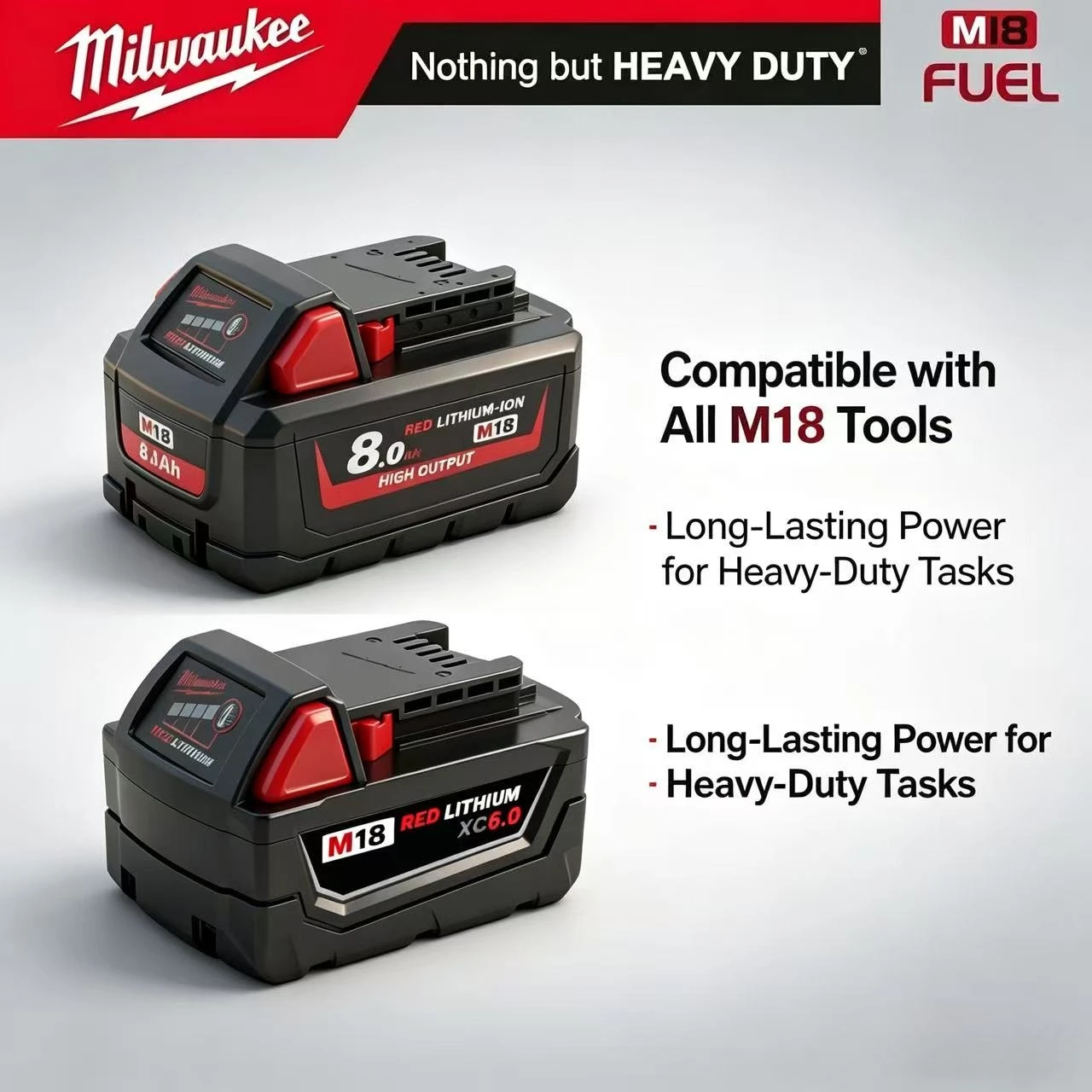 8.0Ah High Output Battery for Milwaukee M18 18V Power Tools Lithium Ion Replacement Battery with Overcharge Protection
8.0Ah High Output Battery for Milwaukee M18 18V Power Tools Lithium Ion Replacement Battery with Overcharge Protection