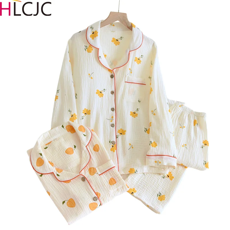 Women's New Cotton Crepe Pajama Set Large Double Layer Gauze Home Suit Spring and Autumn Long Sleeve Pants Print Lady Sleepwear
Women's New Cotton Crepe Pajama Set Large Double Layer Gauze Home Suit Spring and Autumn Long Sleeve Pants Print Lady Sleepwear
