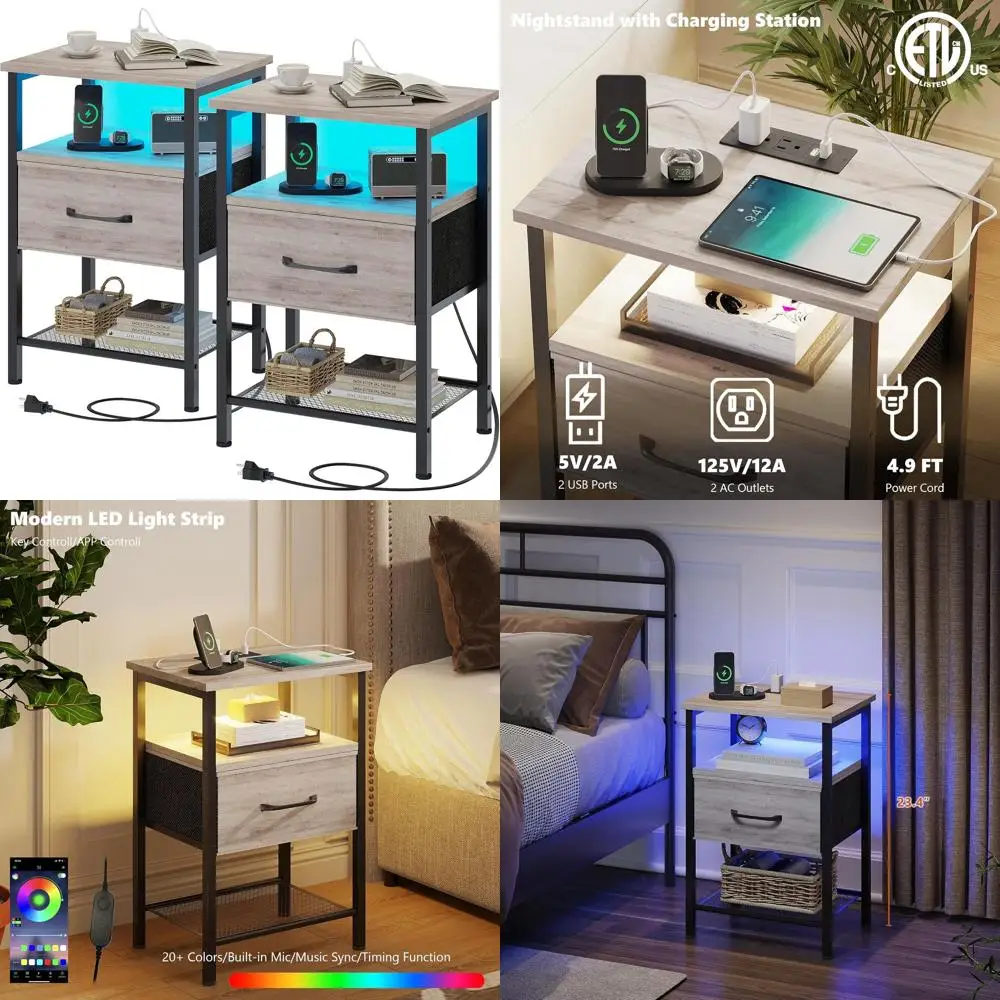 3-Tier Charging LED Nightstand with Fabric Drawer, Greige Bedroom Side Table
3-Tier Charging LED Nightstand with Fabric Drawer, Greige Bedroom Side Table