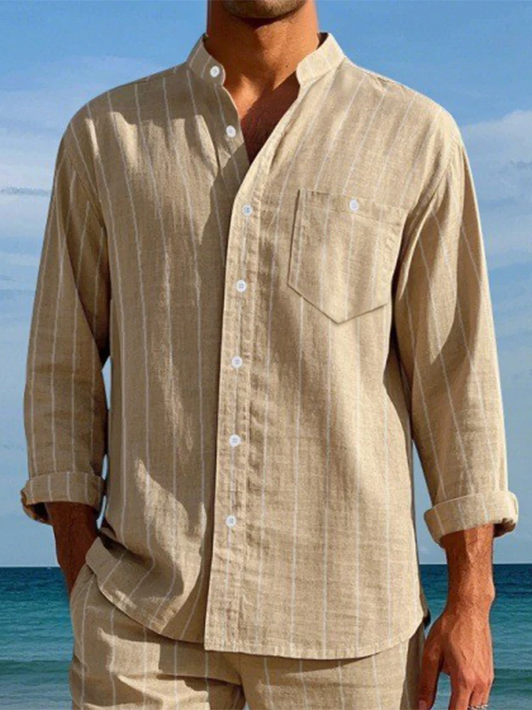 Весенняя повседневная рубашка с длинным рукавом и воротником-стойкой на пуговицах, осенние дышащие мужские рубашки для отдыха, винтажные льняные рубашки в полоску, мужские
Весенняя повседневная рубашка с длинным рукавом и воротником-стойкой на пуговицах, осенние дышащие мужские рубашки для отдыха, винтажные льняные рубашки в полоску, мужские