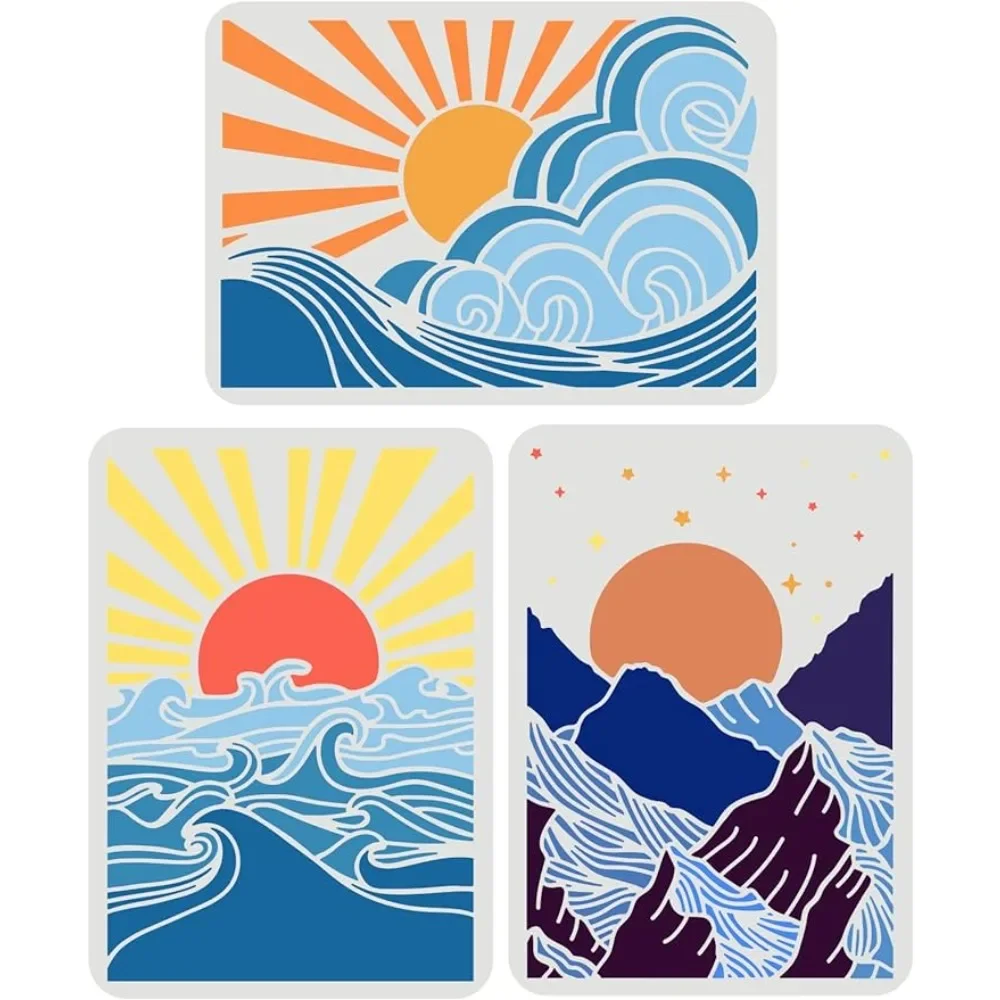 3 Pcs Sun Sea Wave Mountain Stencil, 11.7x8.3 inch A4 Size Moon and Starry Sky Stencil Reusable Large Vinyl Stencil for Painting
3 Pcs Sun Sea Wave Mountain Stencil, 11.7x8.3 inch A4 Size Moon and Starry Sky Stencil Reusable Large Vinyl Stencil for Painting