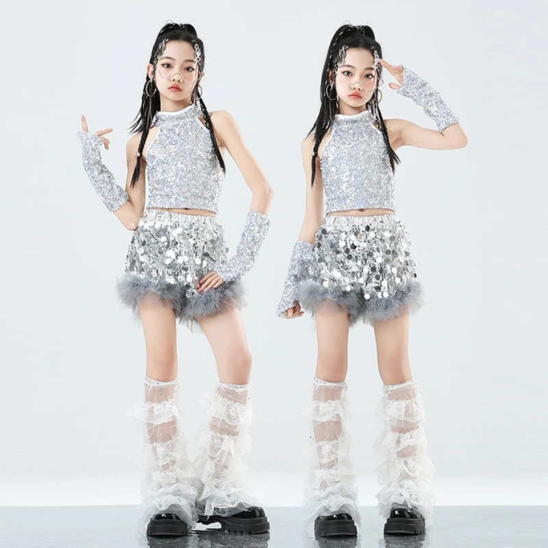Hip Hop Kpop Girls Costume Silver Sequin Shorts Glitter Crop Tops Fashion Show Clothes Children Jazz Dance Performance Wear 3301
Hip Hop Kpop Girls Costume Silver Sequin Shorts Glitter Crop Tops Fashion Show Clothes Children Jazz Dance Performance Wear 3301