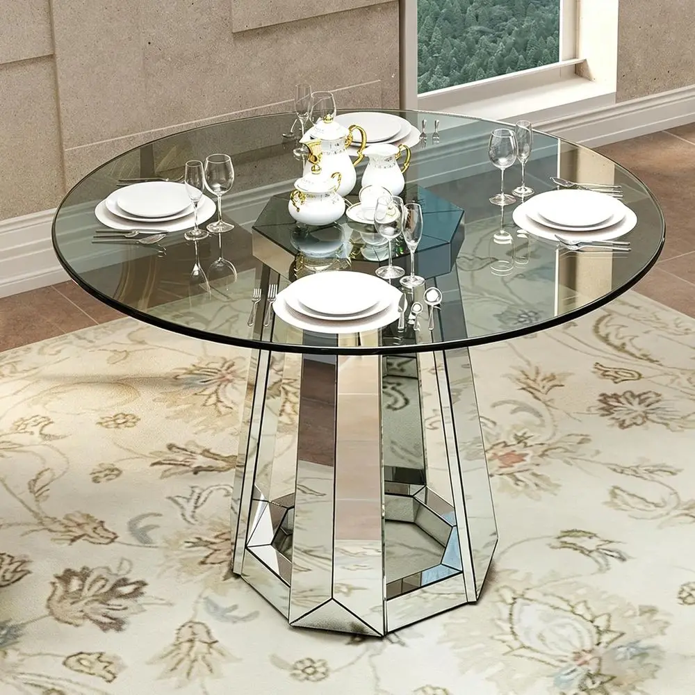 Elegant Round Glass Dining Table, 4-6 Seater, Silver 47 Glass Kitchen Table with Mirrored Base, Classic Circular Dining Room Tab
Elegant Round Glass Dining Table, 4-6 Seater, Silver 47 Glass Kitchen Table with Mirrored Base, Classic Circular Dining Room Tab