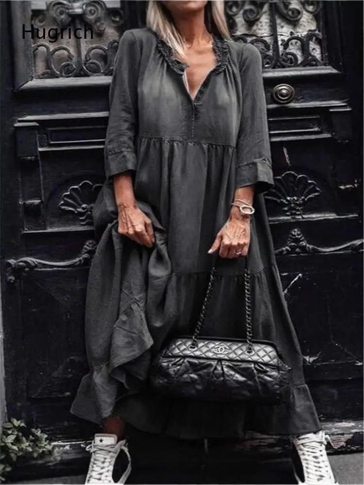 Ruffle Collar V Neck Three Quarter Sleeve Tiered Long Dress Loose Flowy A Line Hem Soft Casual Street Maxi Dress
Ruffle Collar V Neck Three Quarter Sleeve Tiered Long Dress Loose Flowy A Line Hem Soft Casual Street Maxi Dress