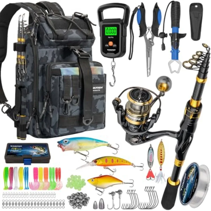 Telescoping Rod and Combo with Backpack, Carbon Fiber Travel Pole Spinning Kit with Lures, Fishing Tools Kit for Men
Telescoping Rod and Combo with Backpack, Carbon Fiber Travel Pole Spinning Kit with Lures, Fishing Tools Kit for Men