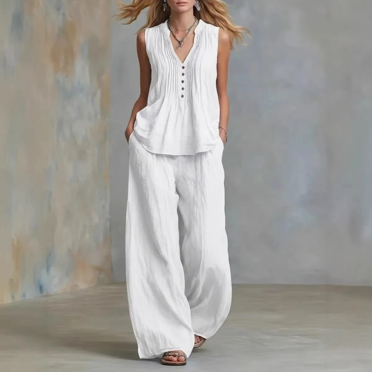 New Fashion Casual Sleeveless V-neck Single Breasted Solid Color Slim Fit Shirt+Wide Leg Floor-Length Pants Set
New Fashion Casual Sleeveless V-neck Single Breasted Solid Color Slim Fit Shirt+Wide Leg Floor-Length Pants Set